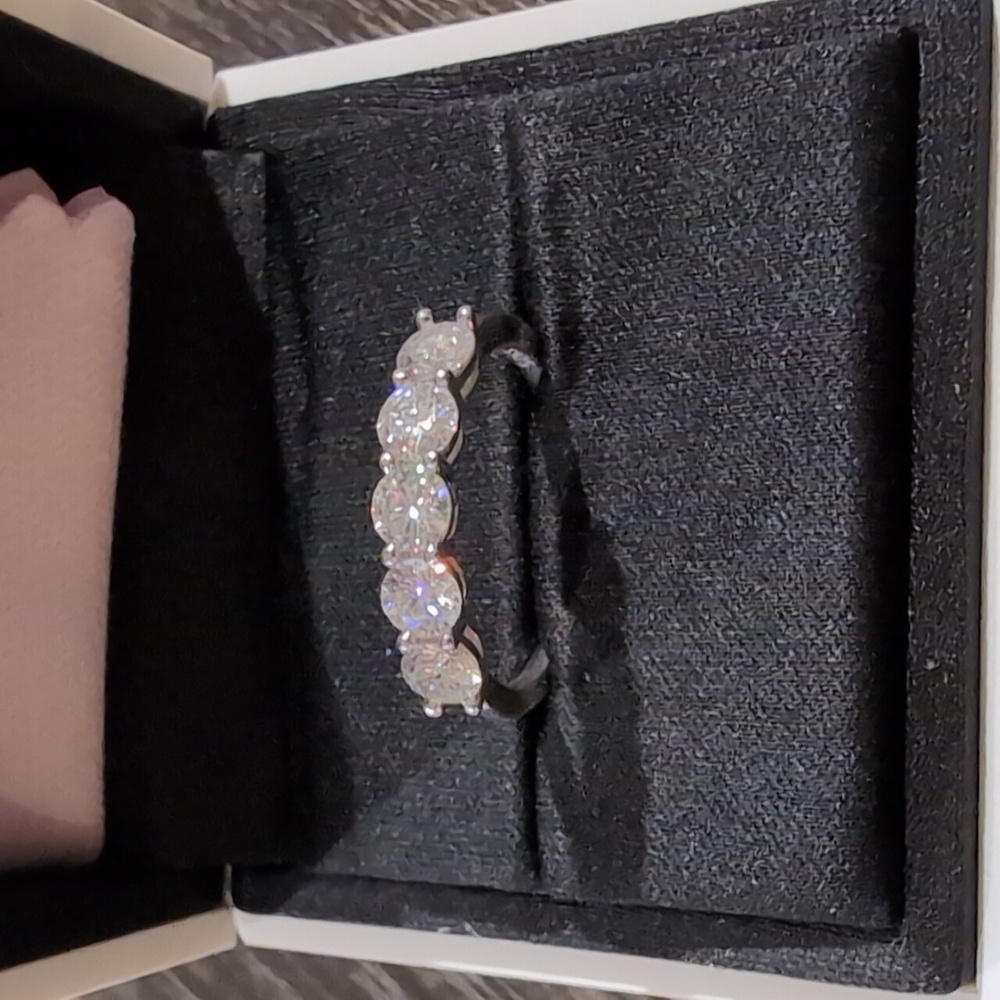 Moissanite and Silver Five-Stone Sparkling Ring Size 6